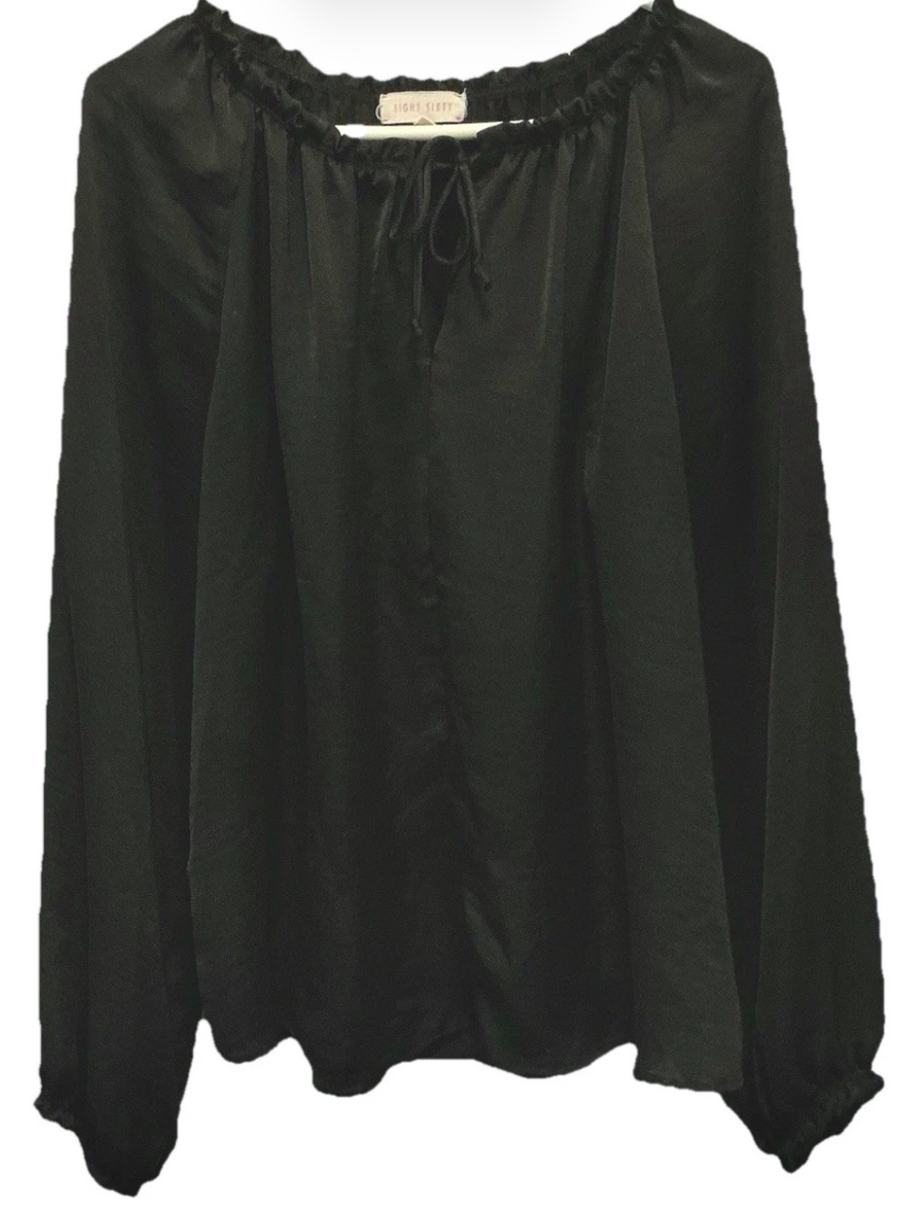 Womens Med Black relaxed long-sleeve blouse top. Shirred sleeves/neck. No flaws